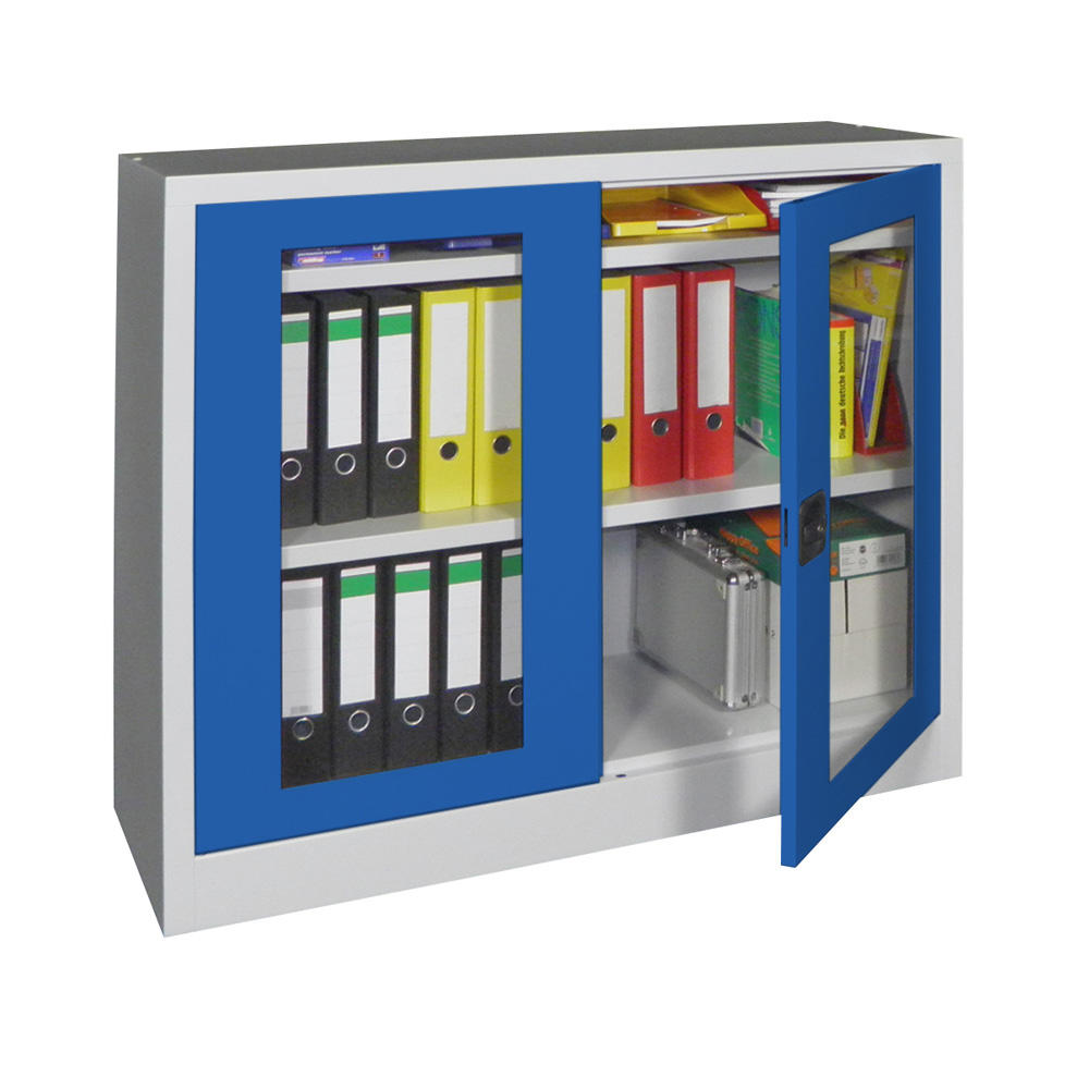 Materialschrank mit Sichtfenstertüren | Enzianblau RAL 5010 | 1000 | 1200 | 600 | Lichtgrau RAL 7035