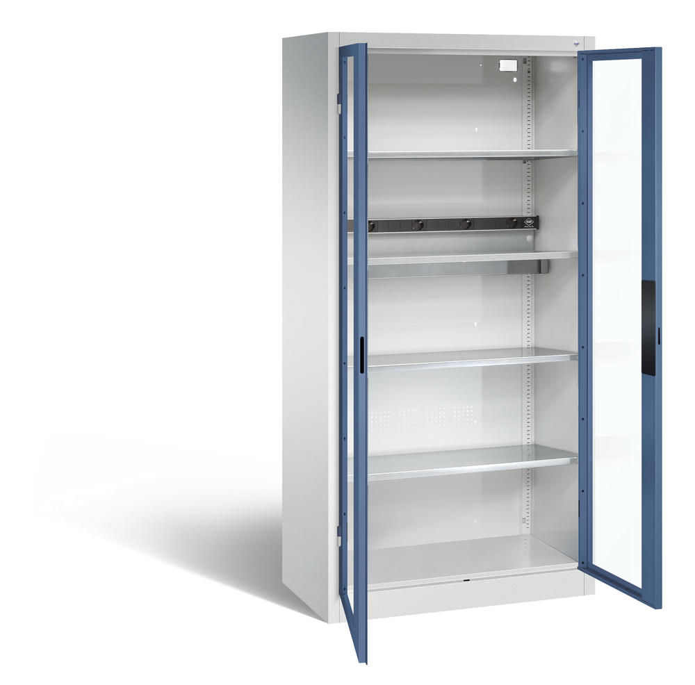Akkuladeschrank Serie Basic, Sichtfenstertüren | Fernblau RAL 5023 | Basic, ohne Schubladenblock | Sichtfenstertüren | Lichtgrau RAL 7035