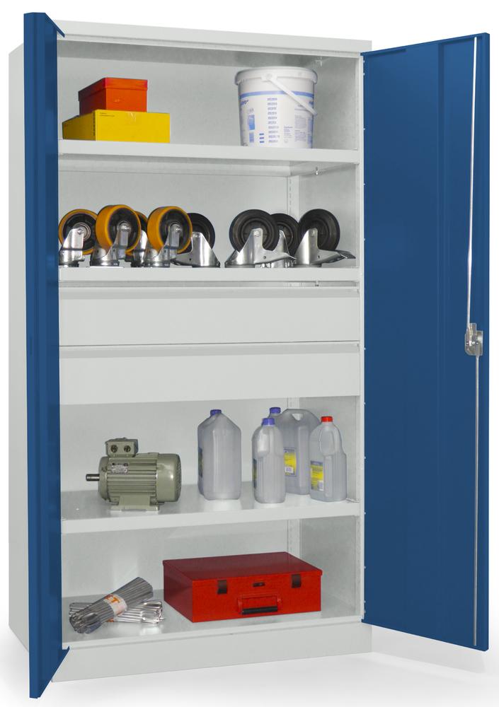 Schwerlastschrank ohne Mitteltrennwand | Enzianblau RAL 5010 | 1040 | 2 Schubladen H175 mm