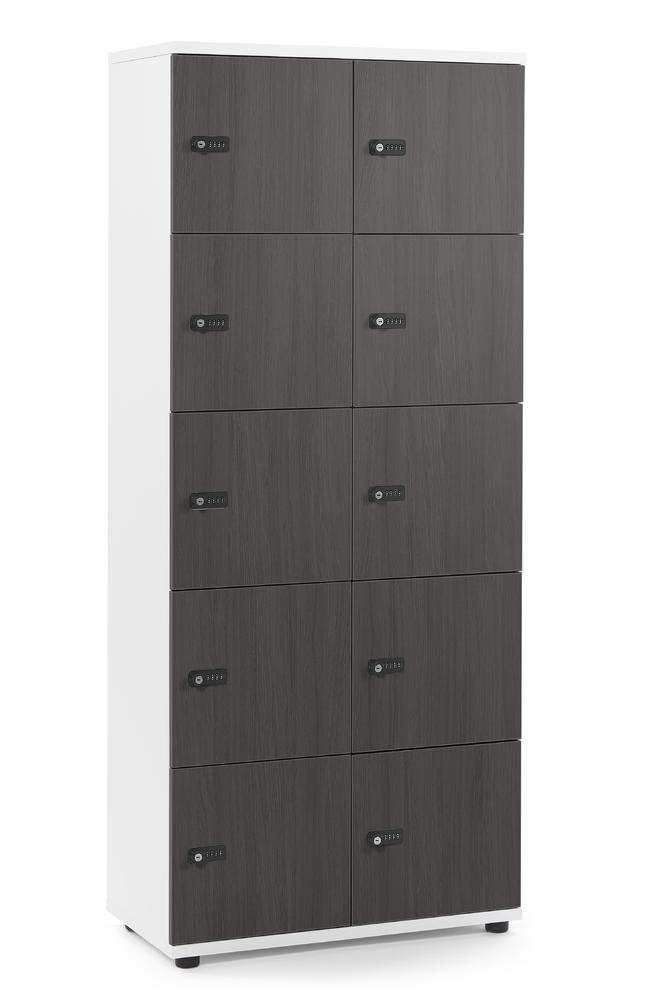 Schließfachschrank OFFICE-LINE mit 10 Fächern | Eiche dunkel | ohne Posteinwurf | Weiß | Mechanisches Zahlen-Kombinationsschloss