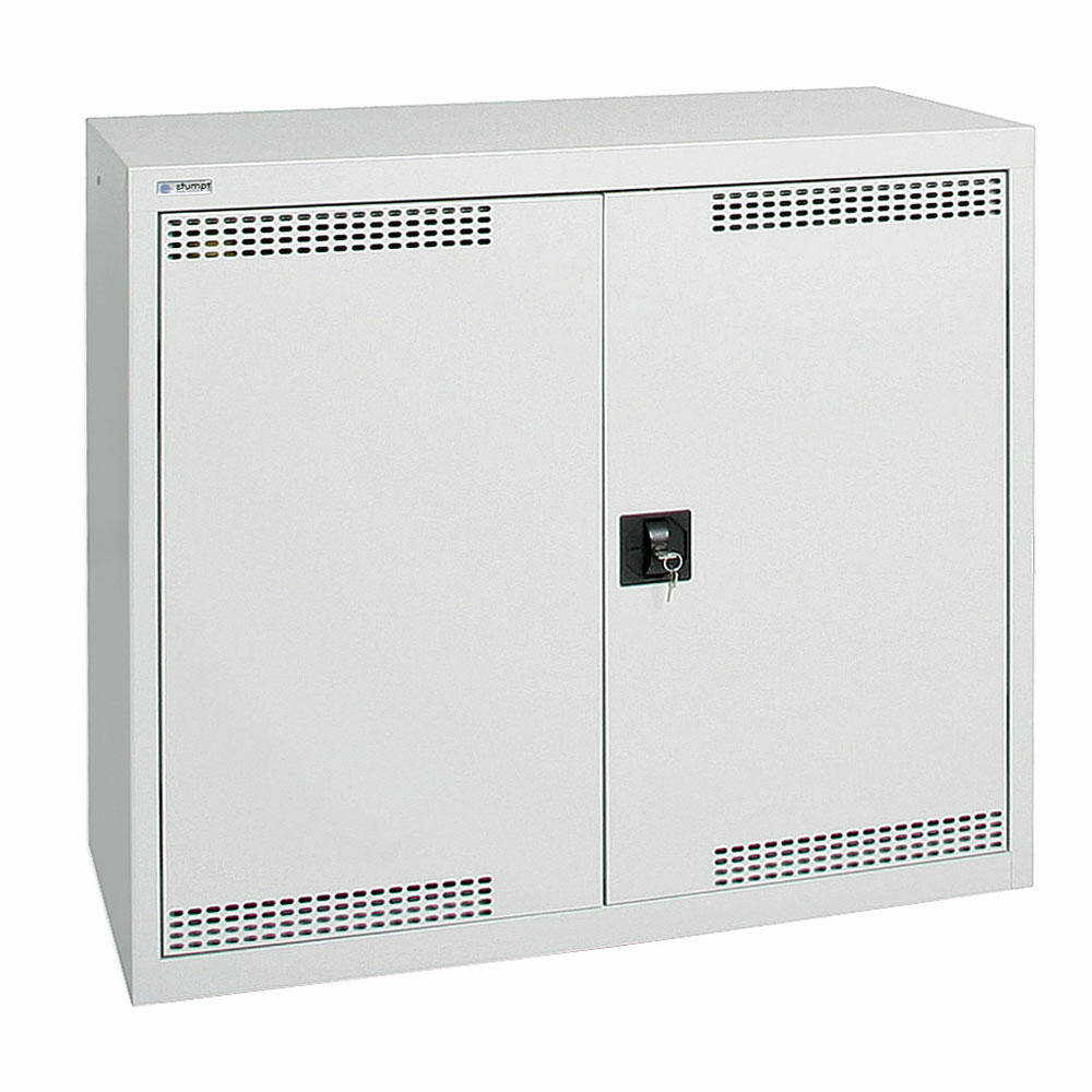 Umweltschrank mit Türlochung zur Belüftung P2 | Lichtgrau RAL 7035 | 900 | 1000 | Drehriegelverschluss | 2 Wannen