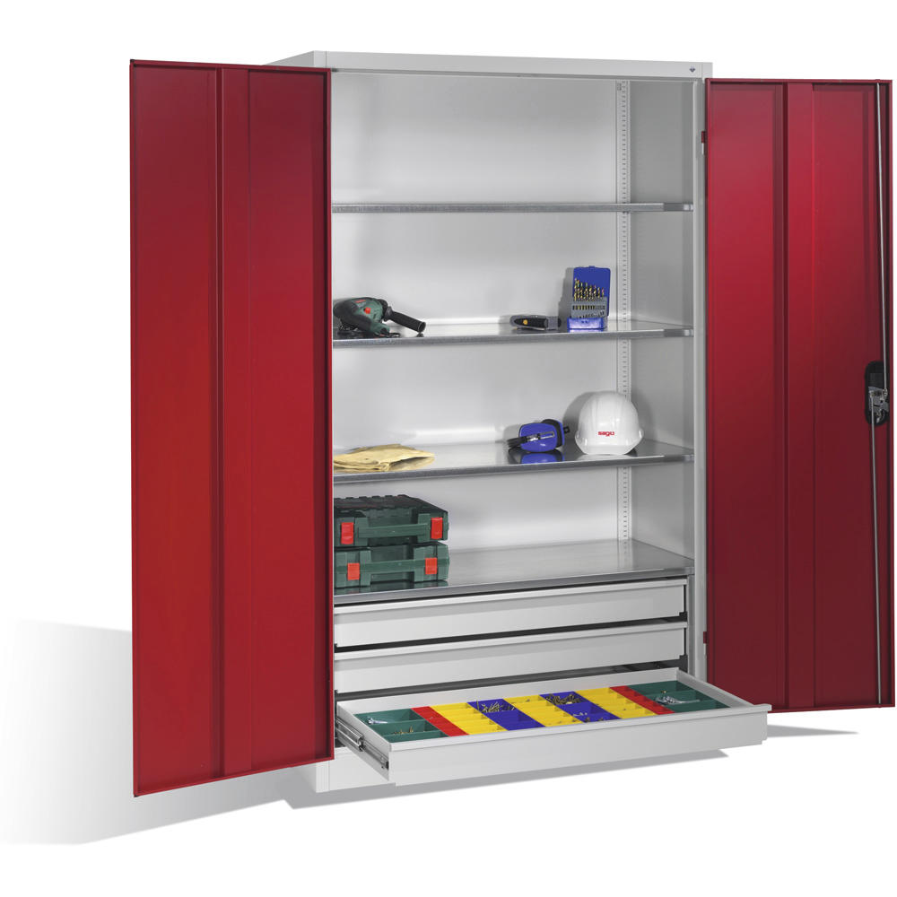 Flügeltüren-Stahlschrank SYSTEM TMF 110 | Rubinrot RAL 3003 | 1950 | 1200 | 500 | Schubladenblock unten