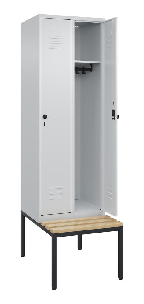 Garderoben-Stahlspind CLASSIC PLUS, mit Sitzbank | Lichtgrau RAL 7035 | mit untergebauter Sitzbank, Holzleisten | Lichtgrau RAL 7035 | 300 | 2