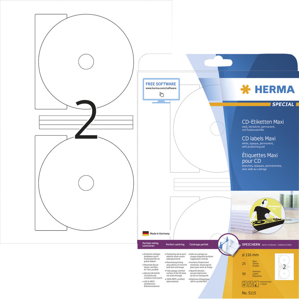 HERMA CD/DVD Etikett 5115 116mm Maxi weiß 50
