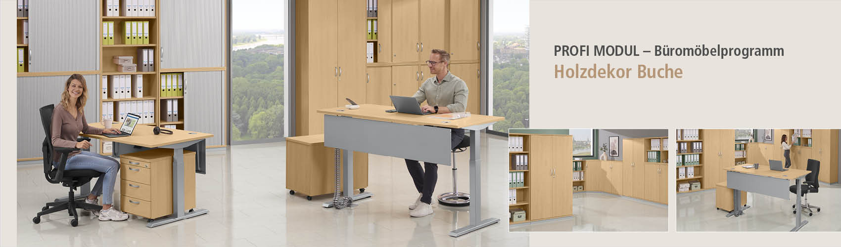 Zwei Personen in hellem Büro mit Möbeln in Buchenoptik arbeiten an ergonomischen Tischen. Rechts Werbetext zum PROFI MODUL Holzdekor Buche