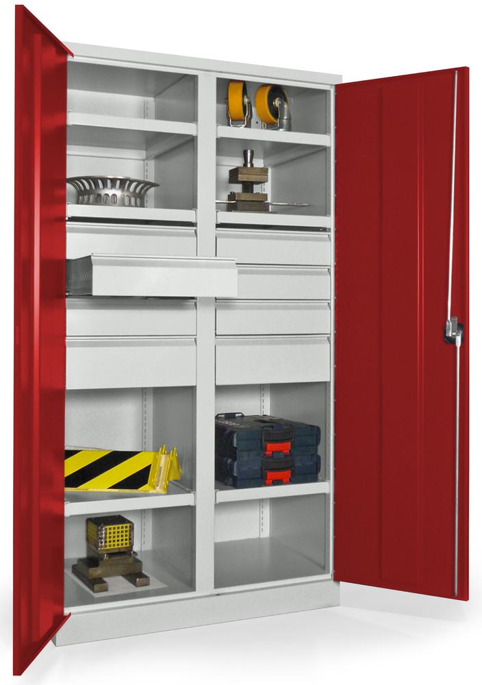 Schwerlastschrank mit Mitteltrennwand | Rubinrot RAL 3003 | 1040 | 8 Schubladen: 6xH125, 2xH175 mm