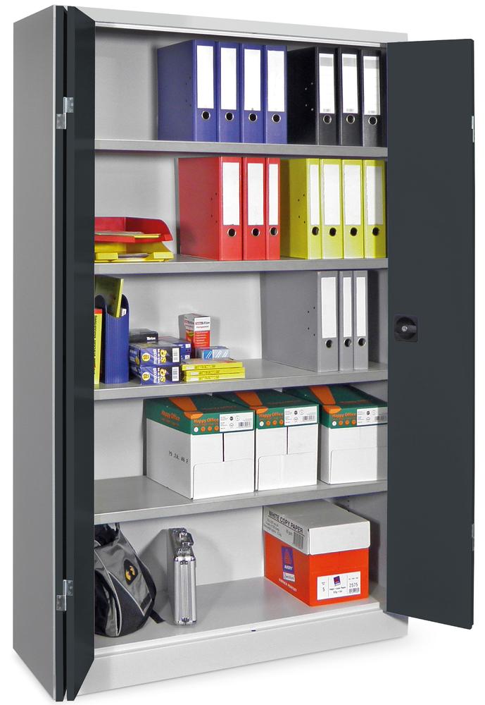 Falttüren-Stahlschrank mit verzinkten Böden | Anthrazitgrau RAL 7016 | 1950 | 1200 | 400 | mit verzinkten Fachböden | Lichtgrau RAL 7035