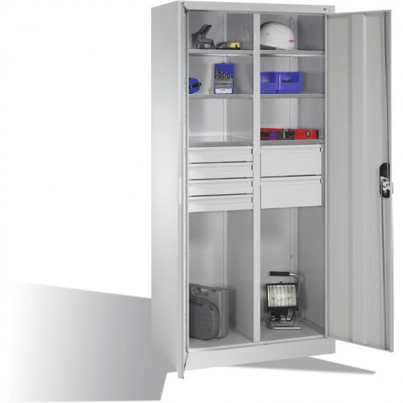 Flügeltüren-Stahlschrank SYSTEM ERGO-LOCK | Lichtgrau RAL 7035 | 930 | links 3 Fachböden und 4 kleine Schubladen, rechts 3 Fachböden und 2 große Schubladen