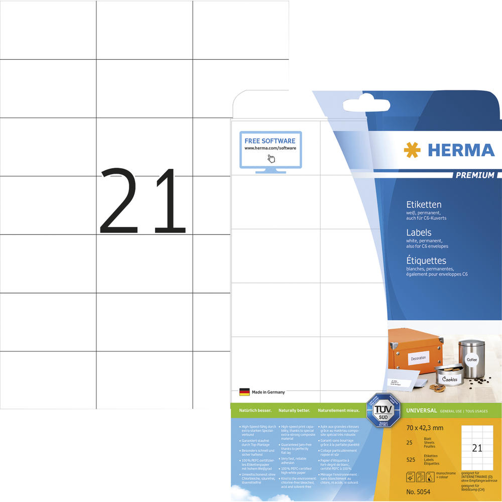 HERMA Etikett PREMIUM 5054 70x42,3mm weiß 525