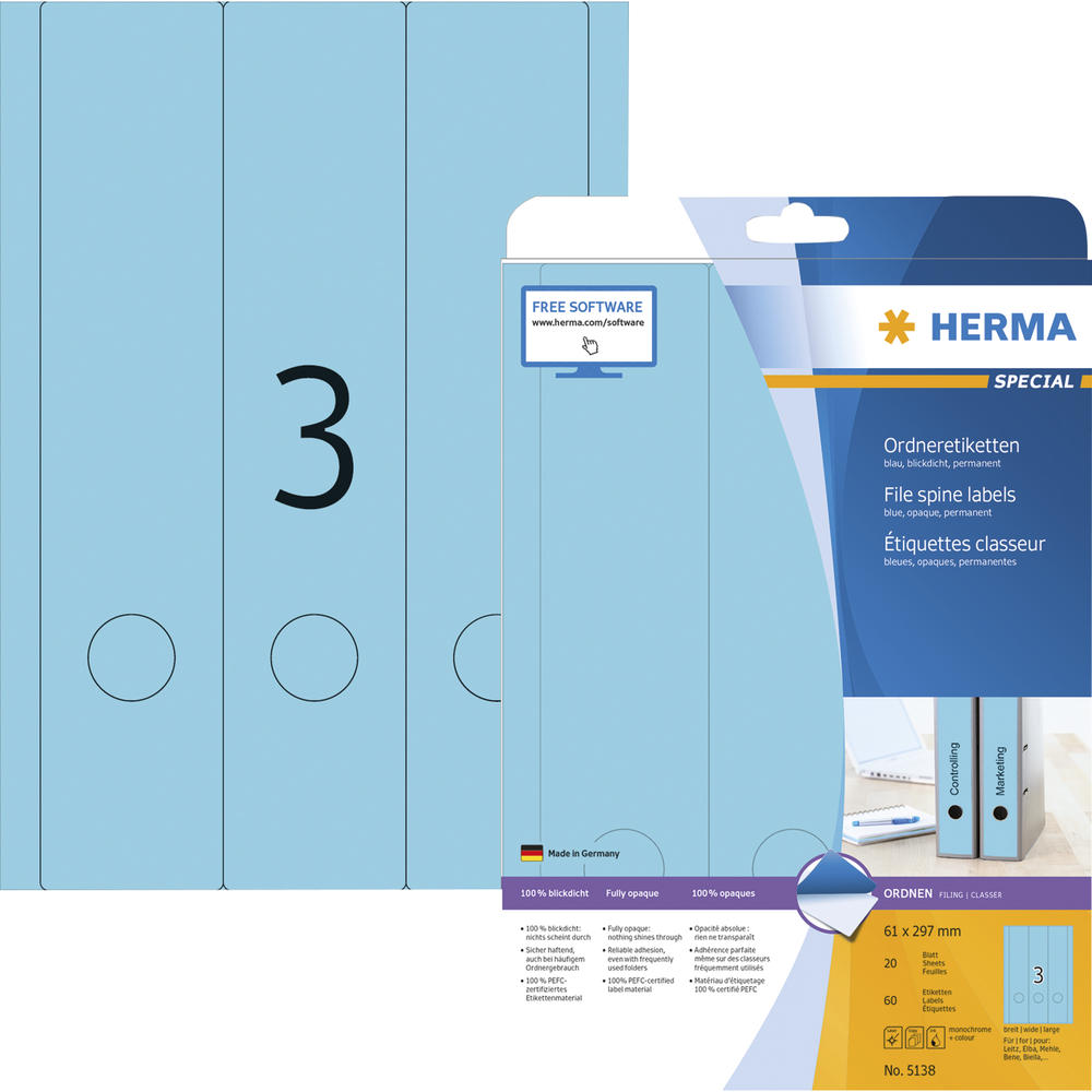 HERMA Ordneretikett 5138 61x297mm blau 60 St.Pack.