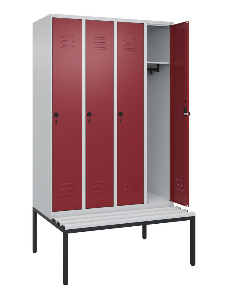 Garderoben-Stahlspind CLASSIC PLUS, mit Sitzbank | Rubinrot RAL 3003 | mit untergebauter Sitzbank, Kunststoffleisten | Lichtgrau RAL 7035 | 300 | 4