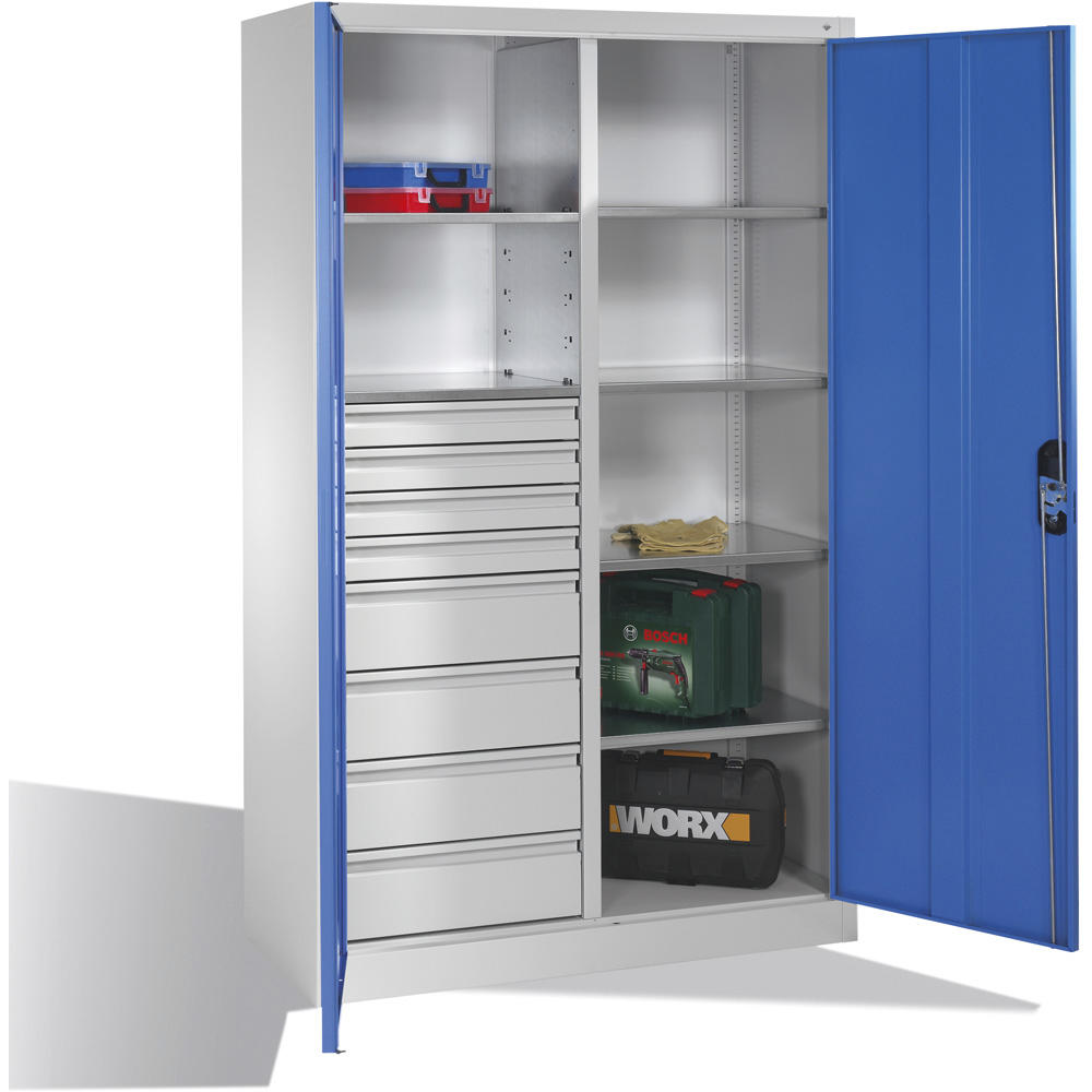 Flügeltüren-Stahlschrank SYSTEM ERGO-LOCK | Lichtblau RAL 5012 | 1200 | links 2 Fachböden, 4 kleine und 4 große Schubladen, rechts 4 Fachböden