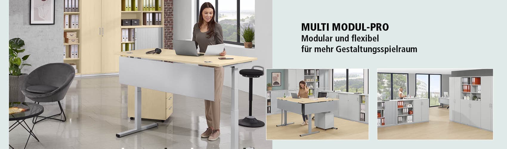 Frau arbeitet an modernem Schreibtisch in hellem Büro mit Holz- und Stahlelementen. Rechts Werbetext zum flexiblen Möbelprogramm MULTI MODUL-PRO, ergänzt durch Raumbeispiele