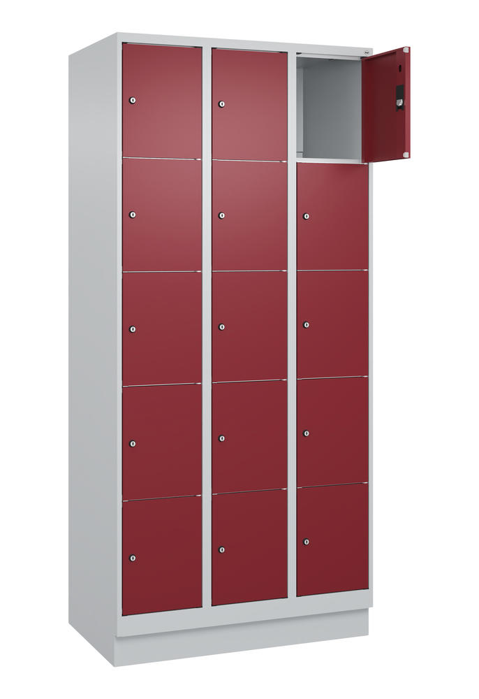 Schließfachschrank CLASSIC PLUS, mit Sockel | Rubinrot RAL 3003 | mit Sockel | Lichtgrau RAL 7035 | 300 | 3 | 15