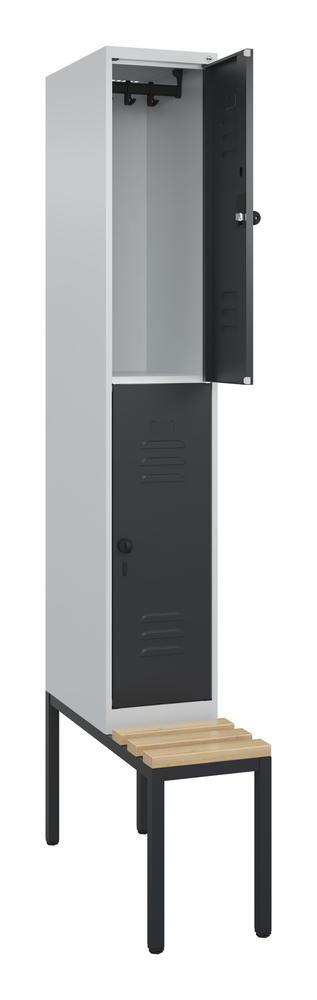Doppelstöckiger Spind CLASSIC PLUS, mit Sitzbank | Schwarzgrau RAL 7021 | mit untergebauter Sitzbank, Holzleisten | Lichtgrau RAL 7035 | 300 | 1