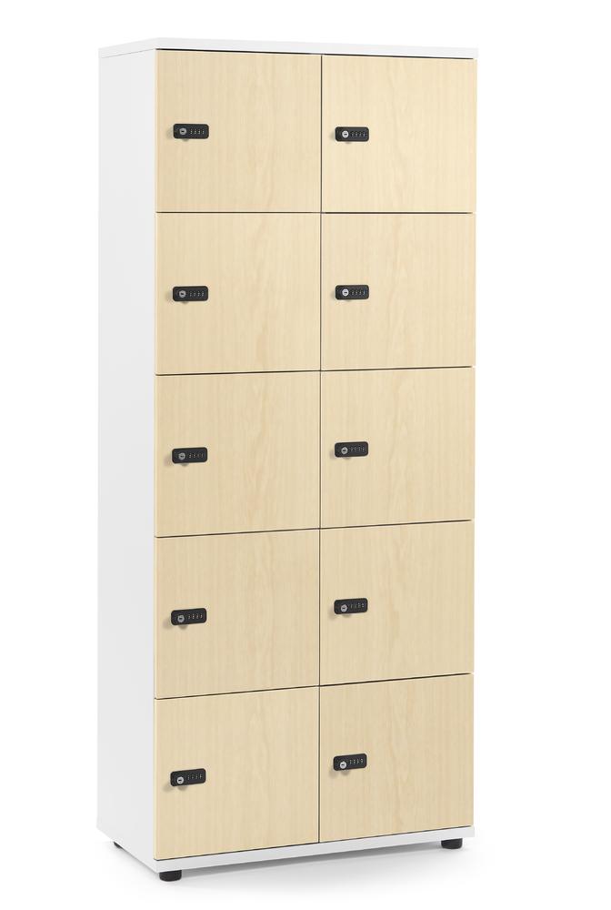 Schließfachschrank OFFICE-LINE mit 10 Fächern | Ahorndekor | ohne Posteinwurf | Weiß | Mechanisches Zahlen-Kombinationsschloss