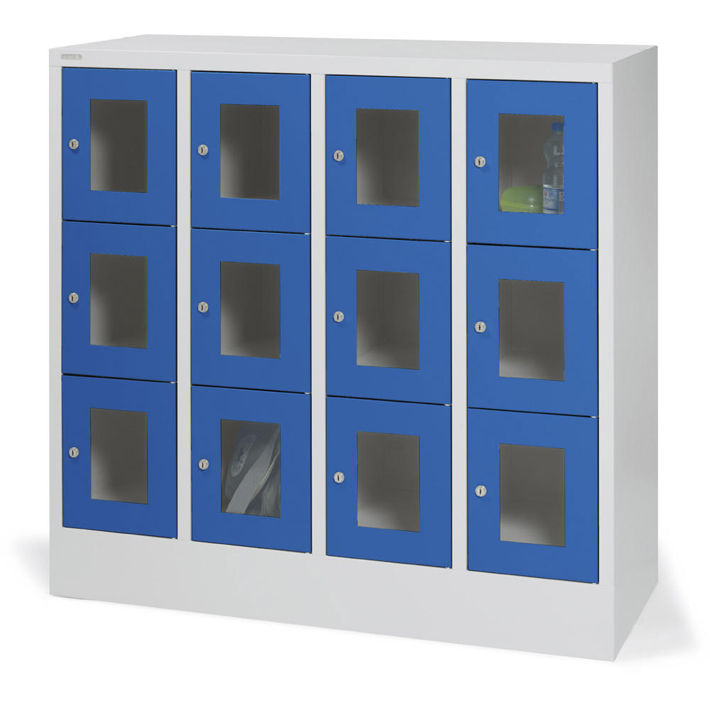 Schließfachschrank CLASSIC mit Sichtfenstertüren | Enzianblau RAL 5010 | 300 | 4 | 12