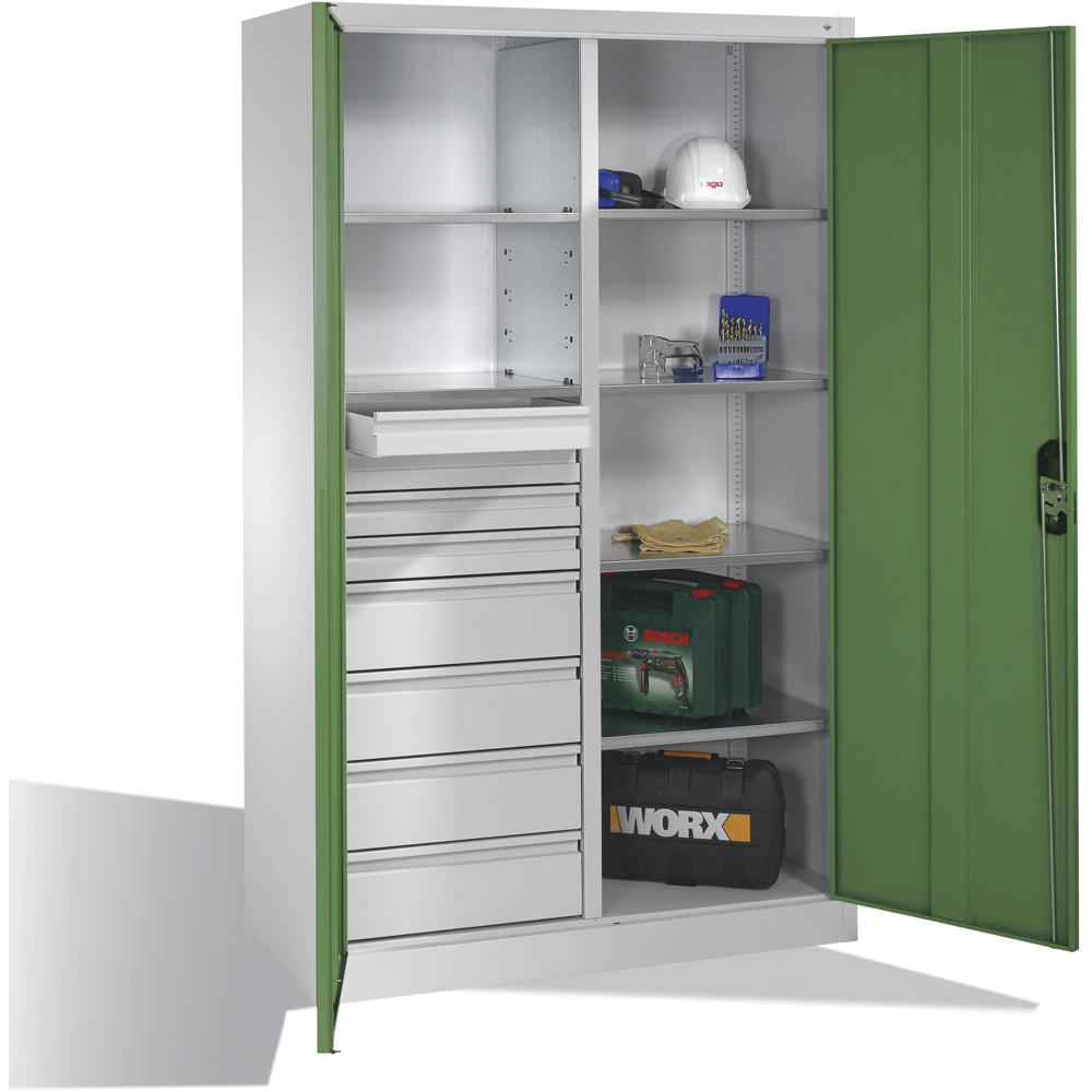 Flügeltüren-Stahlschrank SYSTEM ERGO-LOCK | Resedagrün RAL 6011 | 1200 | links 2 Fachböden, 4 kleine und 4 große Schubladen, rechts 4 Fachböden