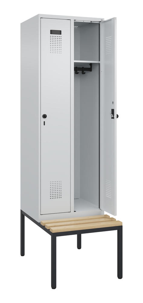 Garderoben-Stahlspind EVOLO PLUS, mit Sitzbank | Lichtgrau RAL 7035 | mit untergebauter Sitzbank, Holzleisten | Lichtgrau RAL 7035 | 300 | 2