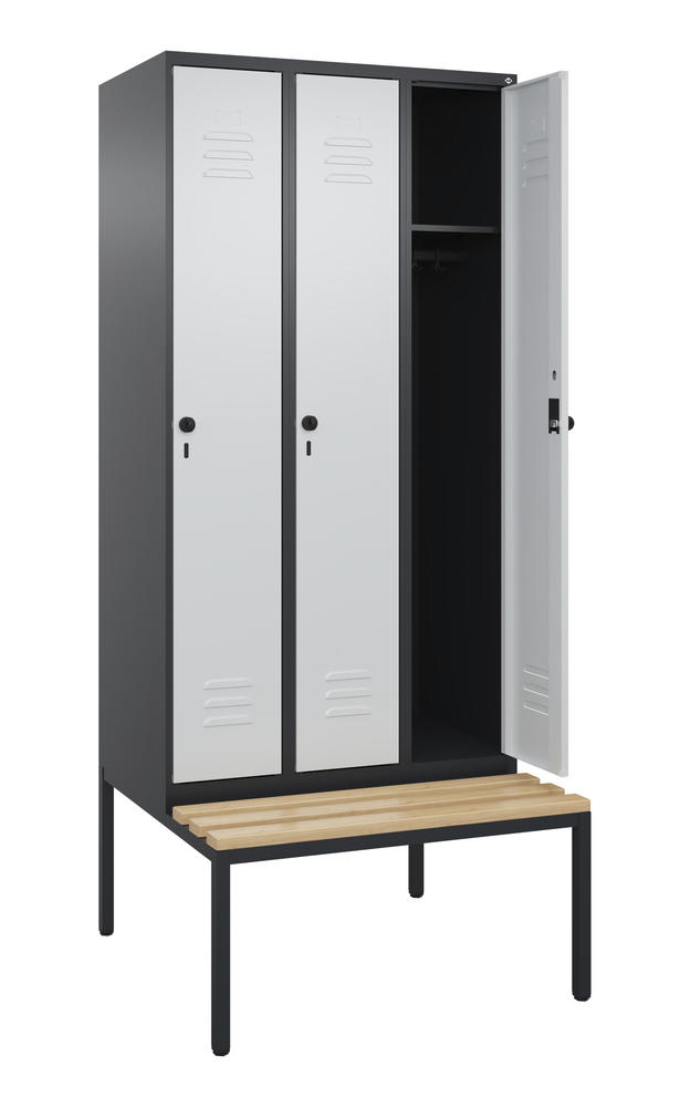 Garderoben-Stahlspind CLASSIC PLUS, mit Sitzbank | Lichtgrau RAL 7035 | mit untergebauter Sitzbank, Holzleisten | Schwarzgrau RAL 7021 | 300 | 3
