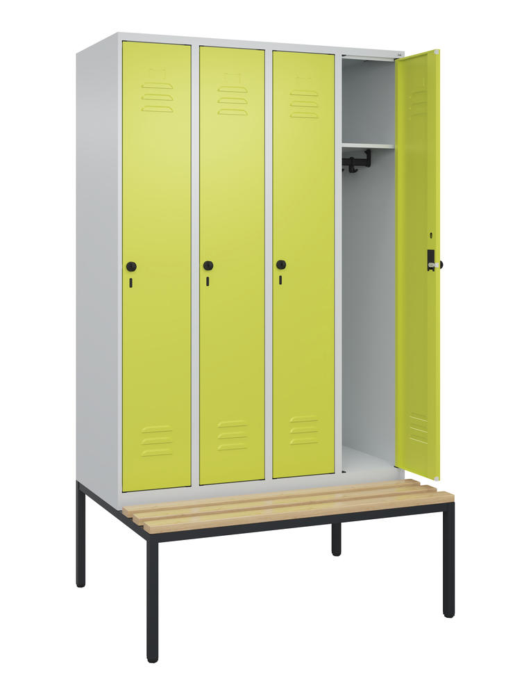 Garderoben-Stahlspind CLASSIC PLUS, mit Sitzbank | Clowngrün RAL 1108060 | mit untergebauter Sitzbank, Holzleisten | Lichtgrau RAL 7035 | 300 | 4
