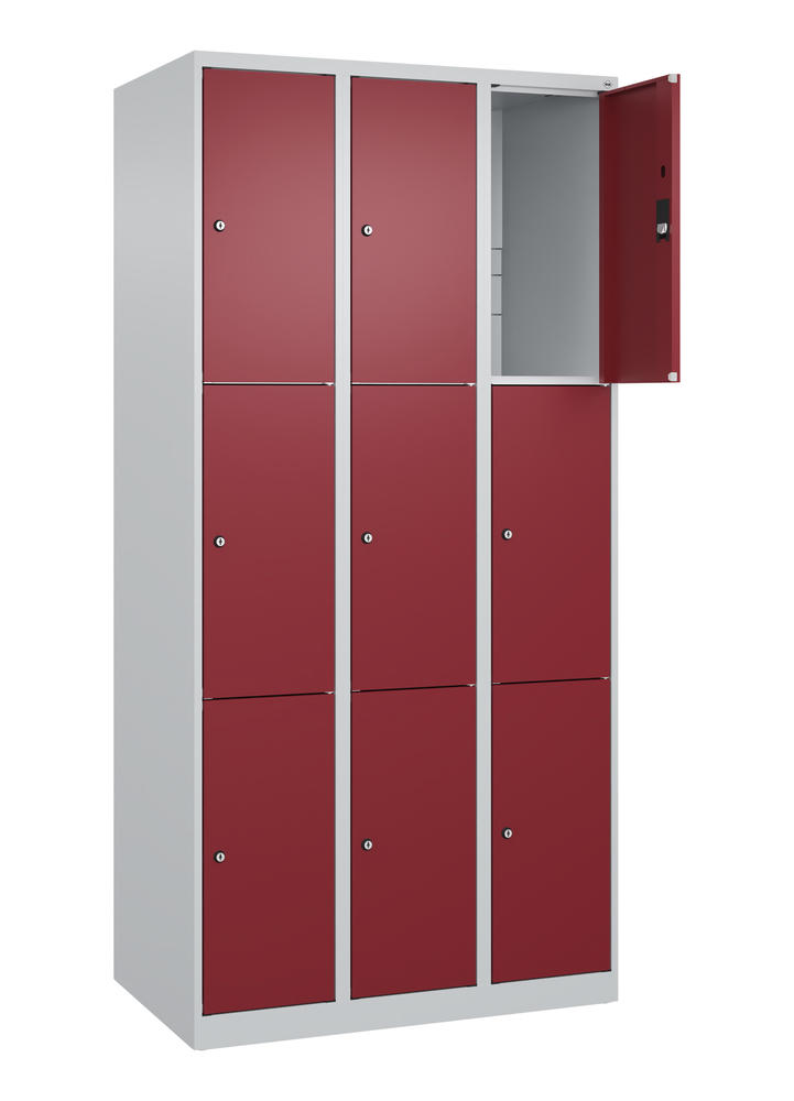 Schließfachschrank CLASSIC PLUS, bodenstehend | Rubinrot RAL 3003 | Bodenstehend | Lichtgrau RAL 7035 | 300 | 3 | 9