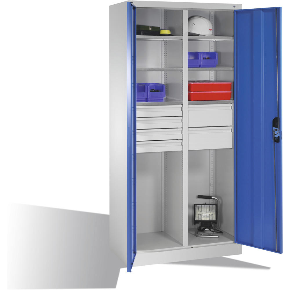 Flügeltüren-Stahlschrank SYSTEM ERGO-LOCK | Lichtblau RAL 5012 | 930 | links 3 Fachböden und 4 kleine Schubladen, rechts 3 Fachböden und 2 große Schubladen