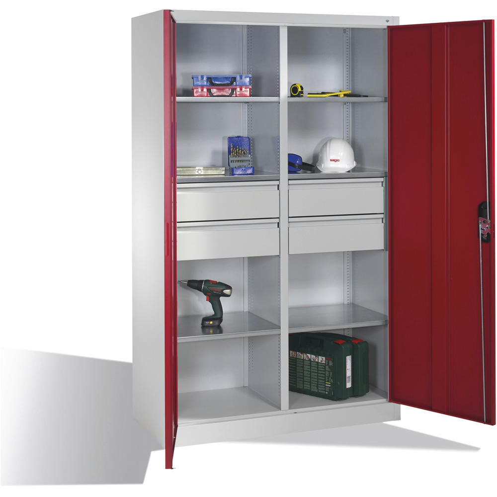 Flügeltüren-Stahlschrank SYSTEM ERGO-LOCK | Rubinrot RAL 3003 | 1200 | links und rechts 3 Fachböden und 2 große Schubladen