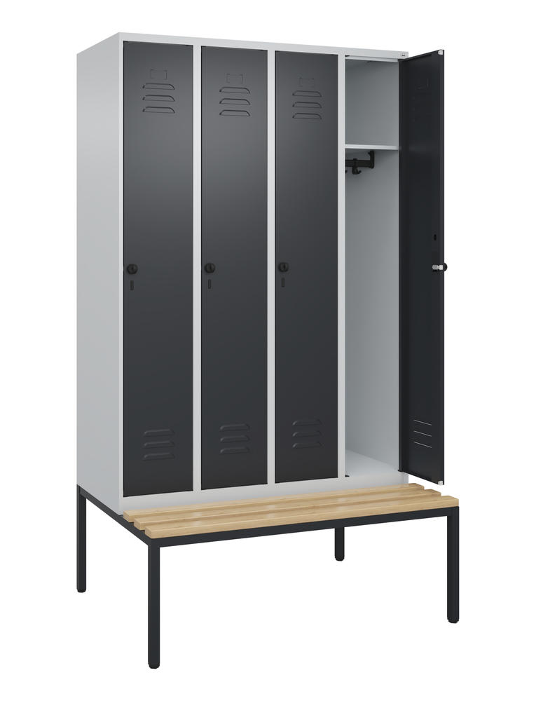 Garderoben-Stahlspind CLASSIC PLUS, mit Sitzbank | Schwarzgrau RAL 7021 | mit untergebauter Sitzbank, Holzleisten | Lichtgrau RAL 7035 | 300 | 4