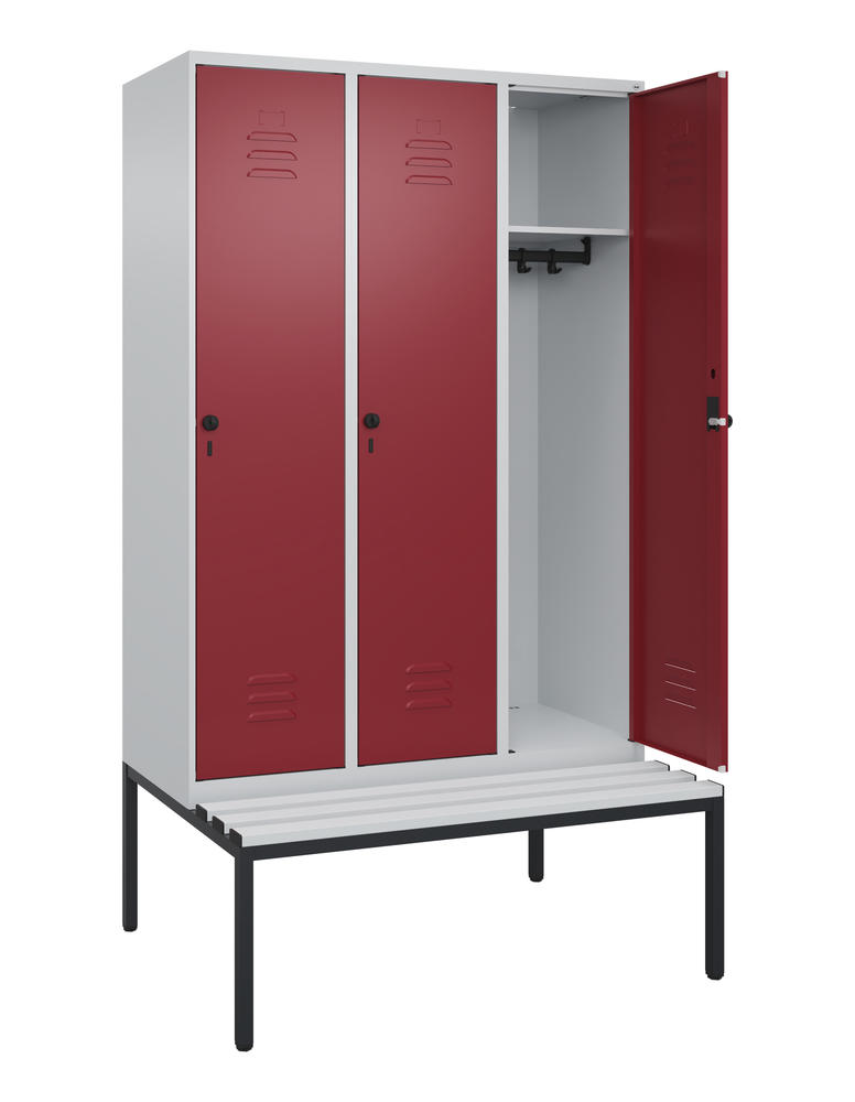Garderoben-Stahlspind CLASSIC PLUS, mit Sitzbank | Rubinrot RAL 3003 | mit untergebauter Sitzbank, Kunststoffleisten | Lichtgrau RAL 7035 | 400 | 3