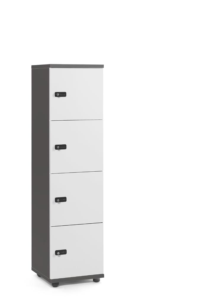 Schließfachschrank OFFICE-LINE mit 4 Fächern | Weiß | ohne Posteinwurf | Anthrazit | Mechanisches Zahlen-Kombinationsschloss