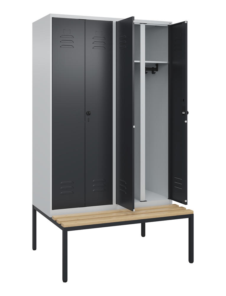 Arbeitsstättenspind CLASSIC PLUS, mit Sitzbank | Schwarzgrau RAL 7021 | mit untergebauter Sitzbank, Holzleisten | Lichtgrau RAL 7035 | 300 | 4