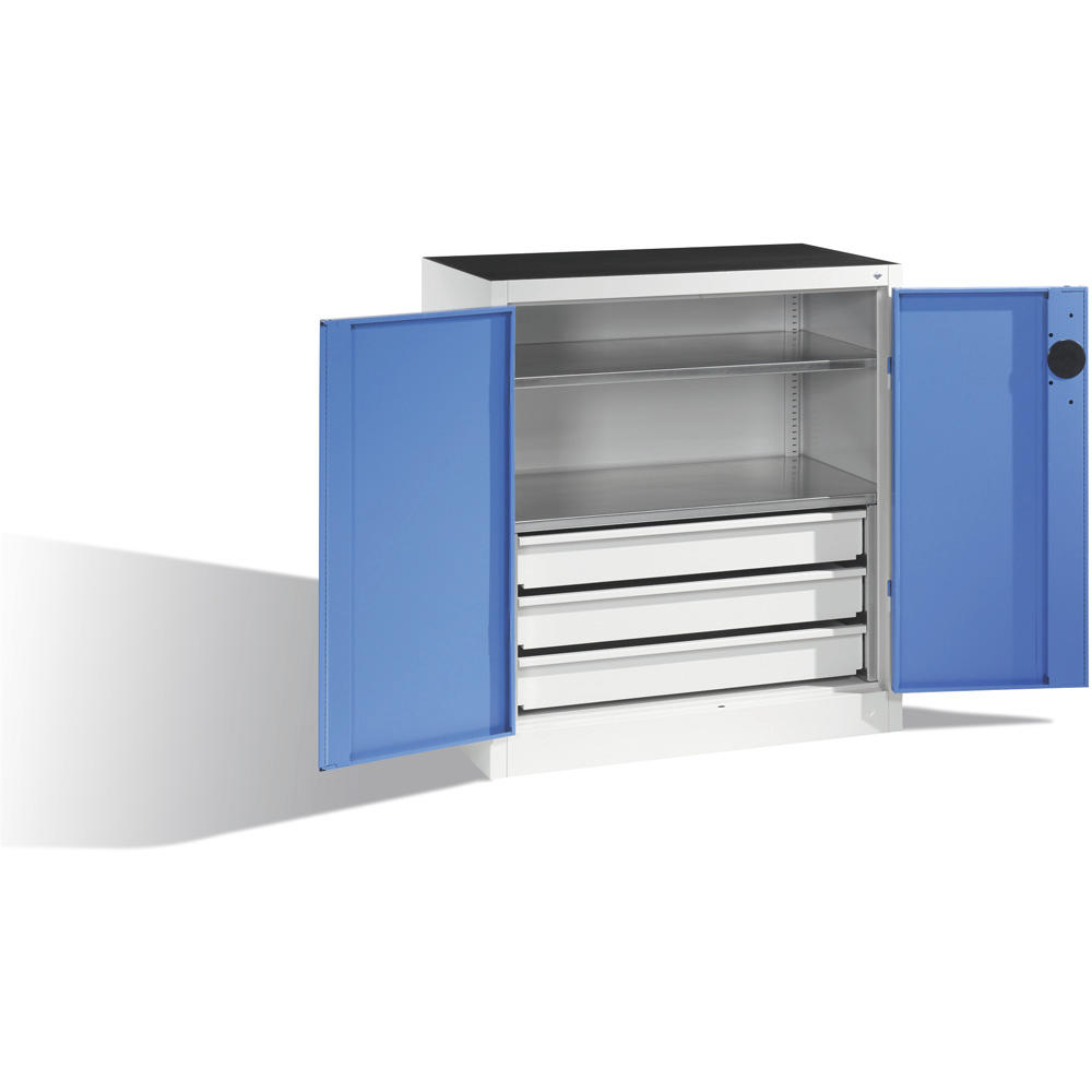 Flügeltüren-Stahlschrank SYSTEM TMF 110 | Lichtblau RAL 5012 | 1000 | 930 | 500 | Schubladenblock unten