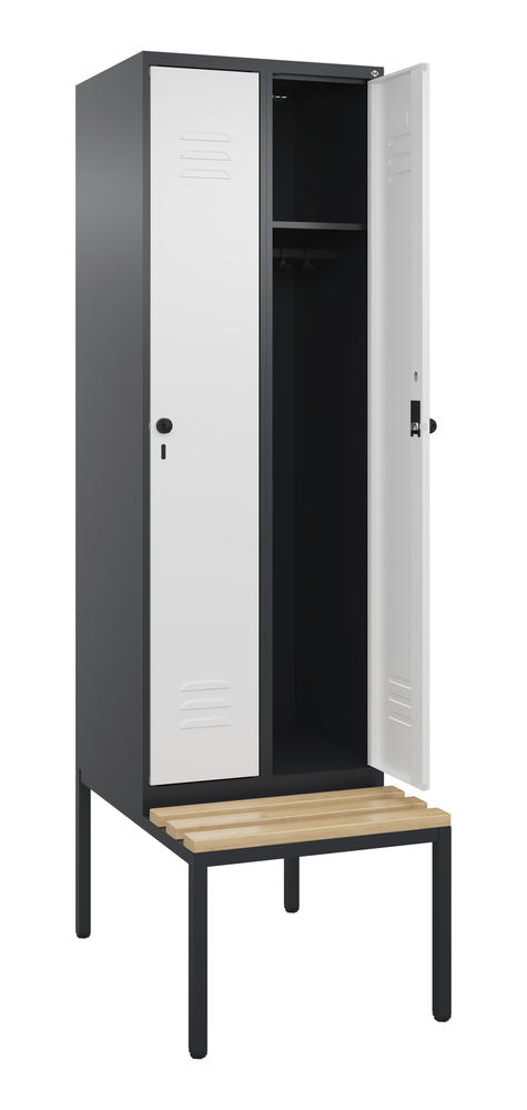 Garderoben-Stahlspind CLASSIC PLUS, mit Sitzbank | Verkehrsweiß RAL 9016 | mit untergebauter Sitzbank, Holzleisten | Schwarzgrau RAL 7021 | 300 | 2