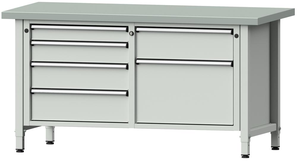 Werkbank SERIE ERGO | Lichtgrau RAL 7035 | 5 Schubladen + 1 Tür | Stahlblechbelag-Platte