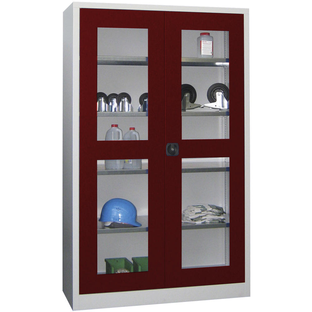 Materialschrank mit Sichtfenstertüren | Rubinrot RAL 3003 | 1950 | 1200 | 500 | Lichtgrau RAL 7035