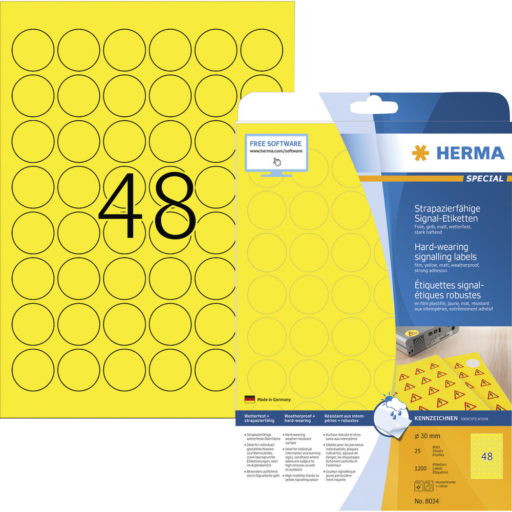HERMA Folienetikett 8034 30mm rund gelb 1.200