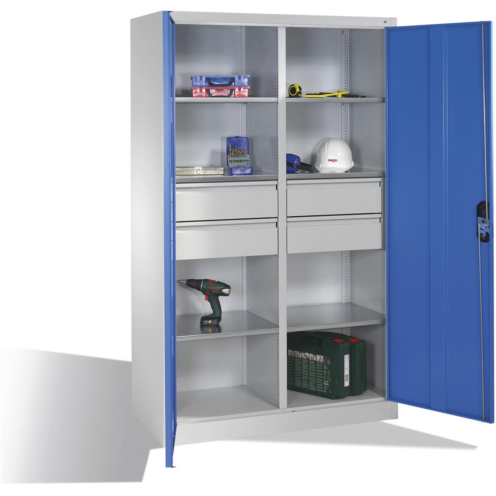 Flügeltüren-Stahlschrank SYSTEM ERGO-LOCK | Lichtblau RAL 5012 | 1200 | links und rechts 3 Fachböden und 2 große Schubladen