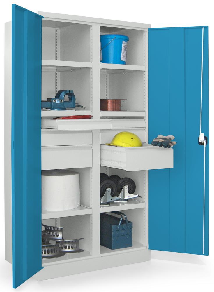 Schwerlastschrank mit Mitteltrennwand | Lichtblau RAL 5012 | 1040 | 6 Schubladen: 2xH75, 2xH125, 2xH175 mm