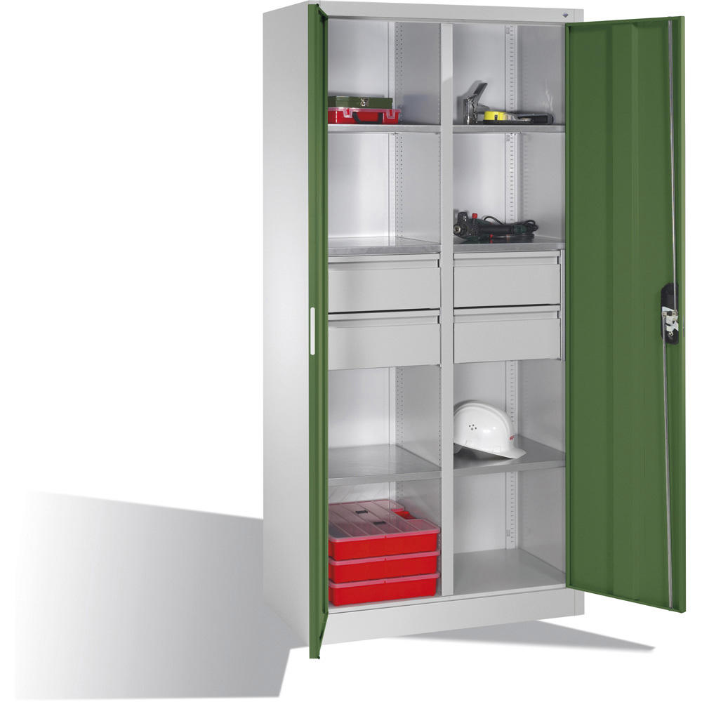 Flügeltüren-Stahlschrank SYSTEM ERGO-LOCK | Resedagrün RAL 6011 | 930 | links und rechts 3 Fachböden und 2 große Schubladen