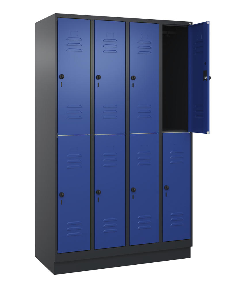 Doppelstöckiger Spind CLASSIC PLUS, mit Sockel | Enzianblau RAL 5010 | mit Sockel | Schwarzgrau RAL 7021 | 300 | 4
