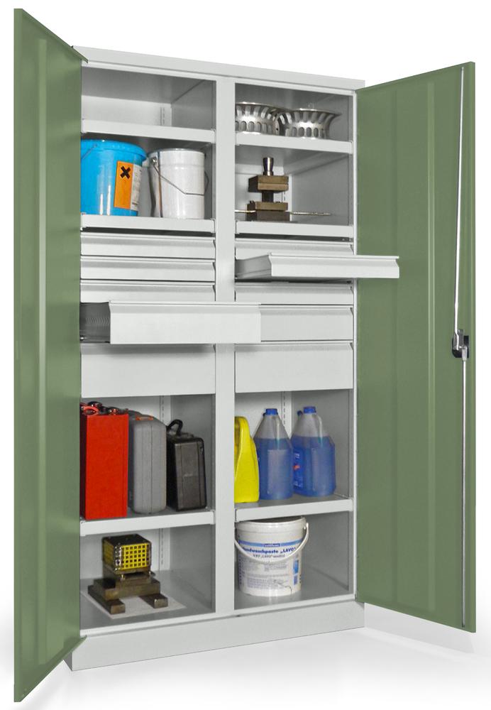 Schwerlastschrank mit Mitteltrennwand | Resedagrün RAL 6011 | 1040 | 10 Schubladen: 6xH75, 2xH125, 2xH175 mm