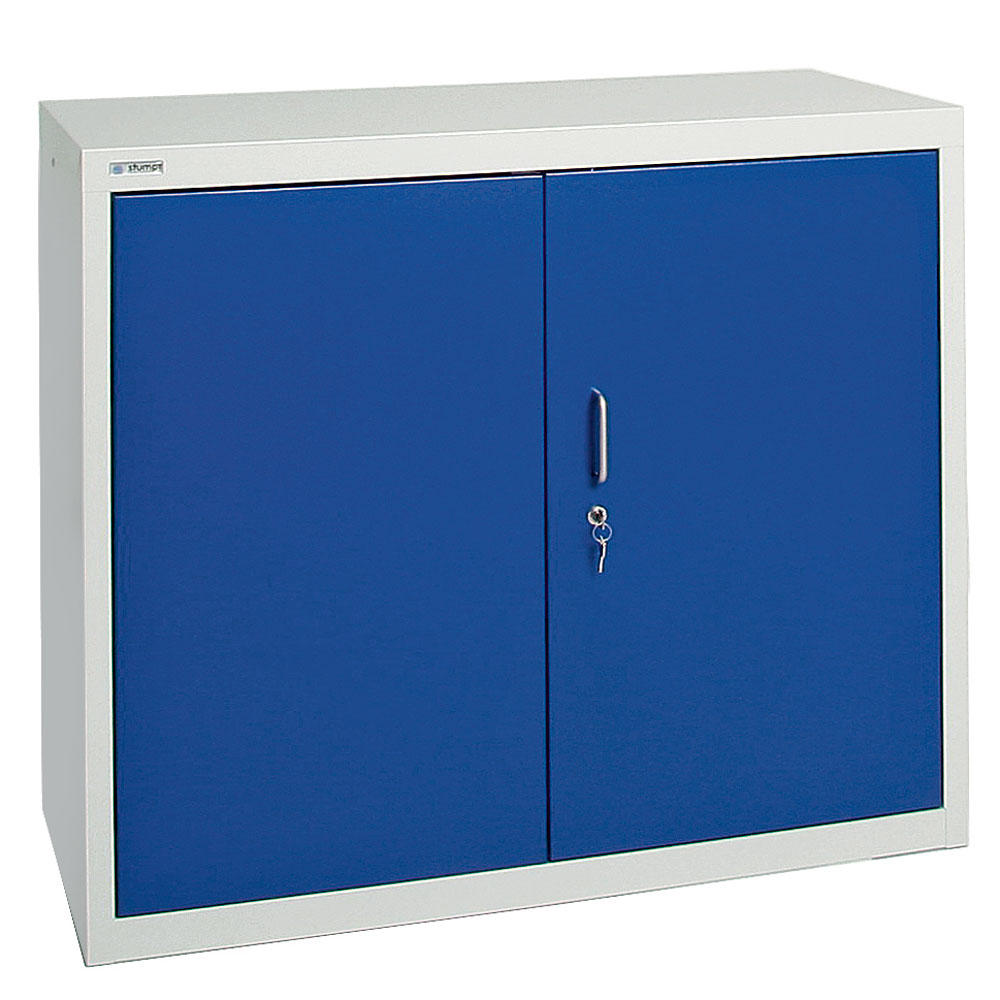 Umweltschrank mit geschlossenen Schranktüren B2 | Enzianblau RAL 5010 | 900 | 1000 | Bügelgriff | 2 Wannen