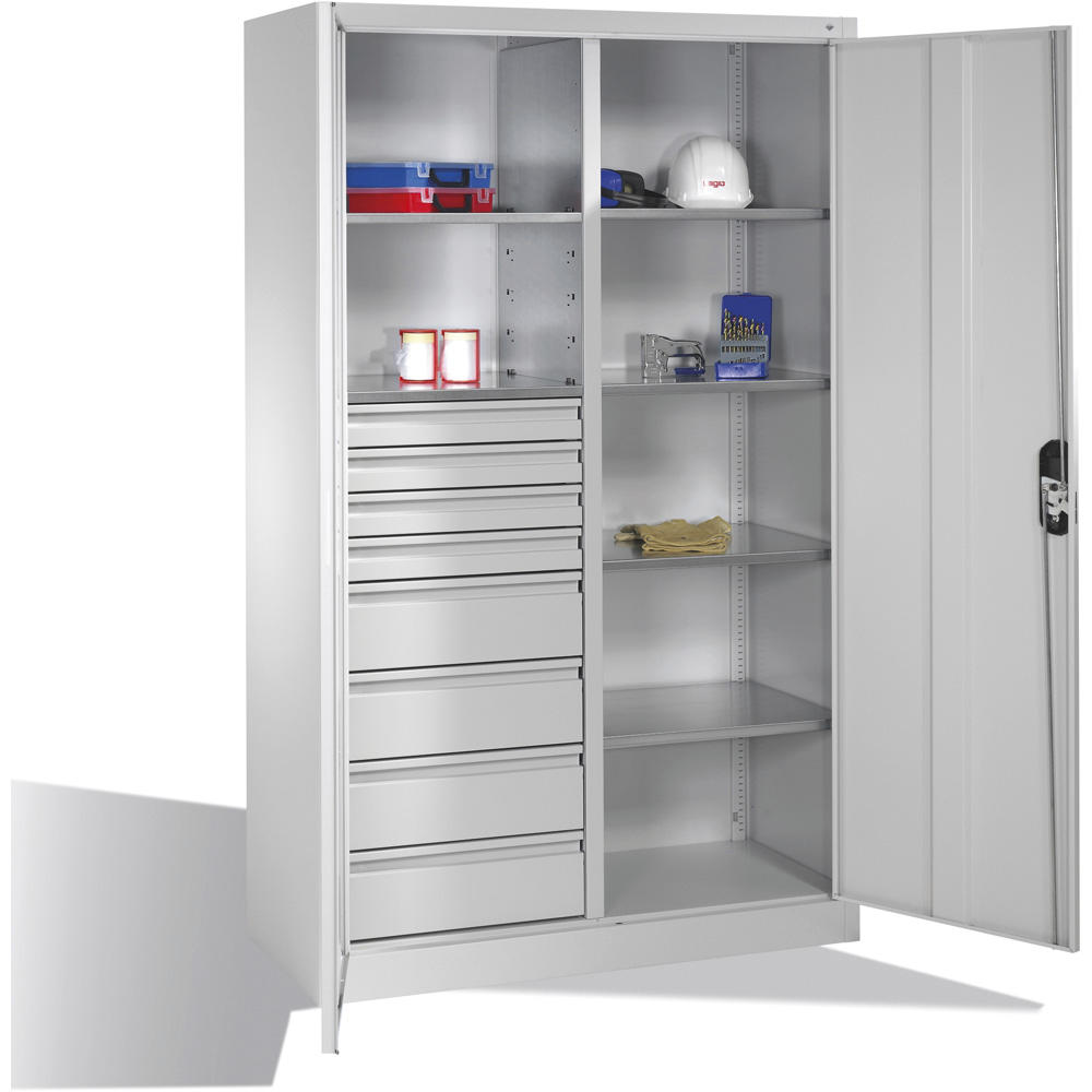 Flügeltüren-Stahlschrank SYSTEM ERGO-LOCK | Lichtgrau RAL 7035 | 1200 | links 2 Fachböden, 4 kleine und 4 große Schubladen, rechts 4 Fachböden