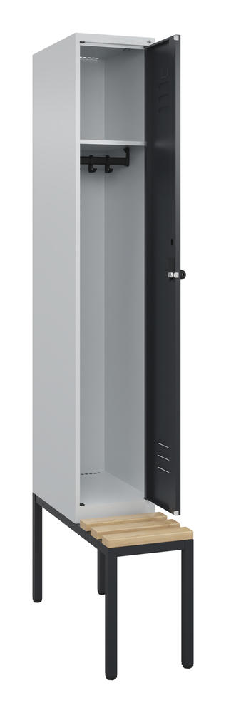 Garderoben-Stahlspind CLASSIC PLUS, mit Sitzbank | Schwarzgrau RAL 7021 | mit untergebauter Sitzbank, Holzleisten | Lichtgrau RAL 7035 | 300 | 1