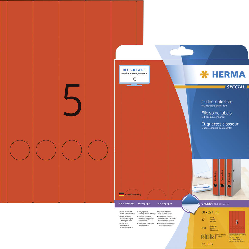 HERMA Ordneretiketten 5132 DIN A4 38x297mm rot 100
