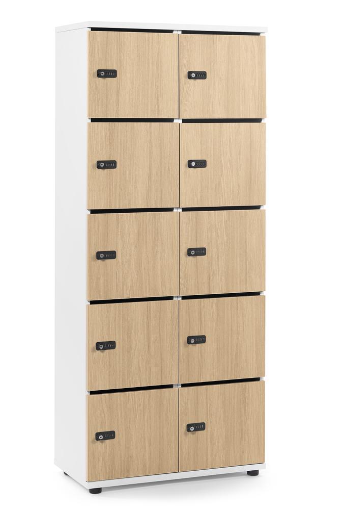 Schließfachschrank OFFICE-LINE mit 10 Fächern | Eiche hell | mit Posteinwurf | Weiß | Mechanisches Zahlen-Kombinationsschloss