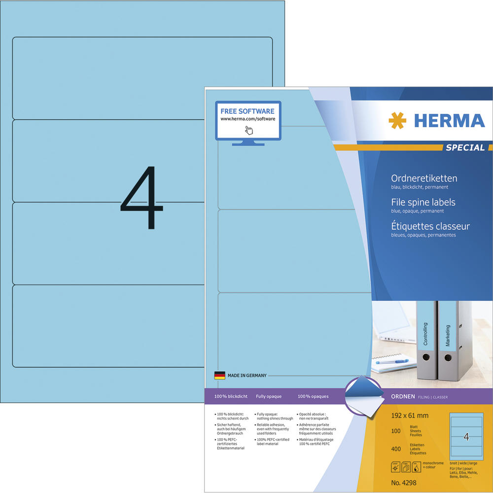 HERMA Etikett 4298 192x61mm breit blau 400