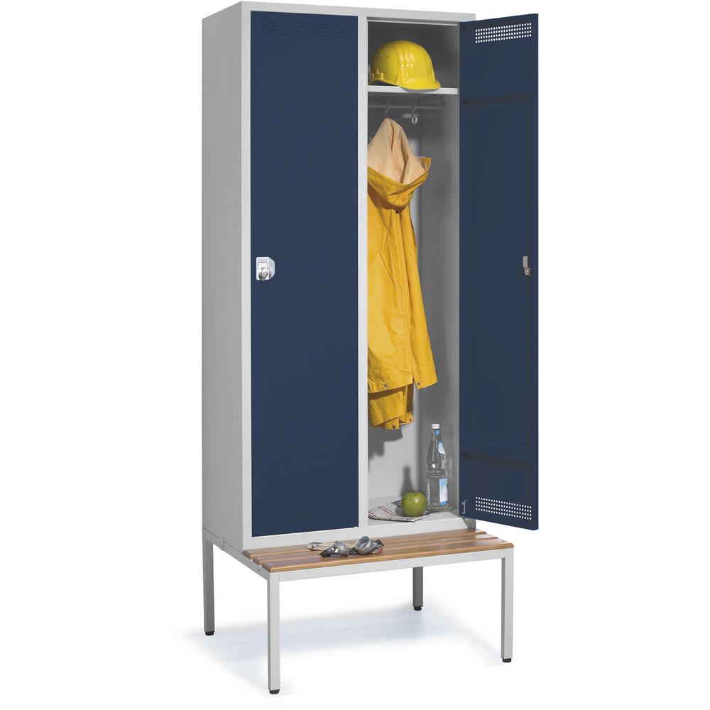 Garderoben-Stahlspind SP PROFI mit Sitzbank | Stahlblau RAL 5011 | mit untergebauter Sitzbank, Holzleisten | 400 | Drehriegelverschluss