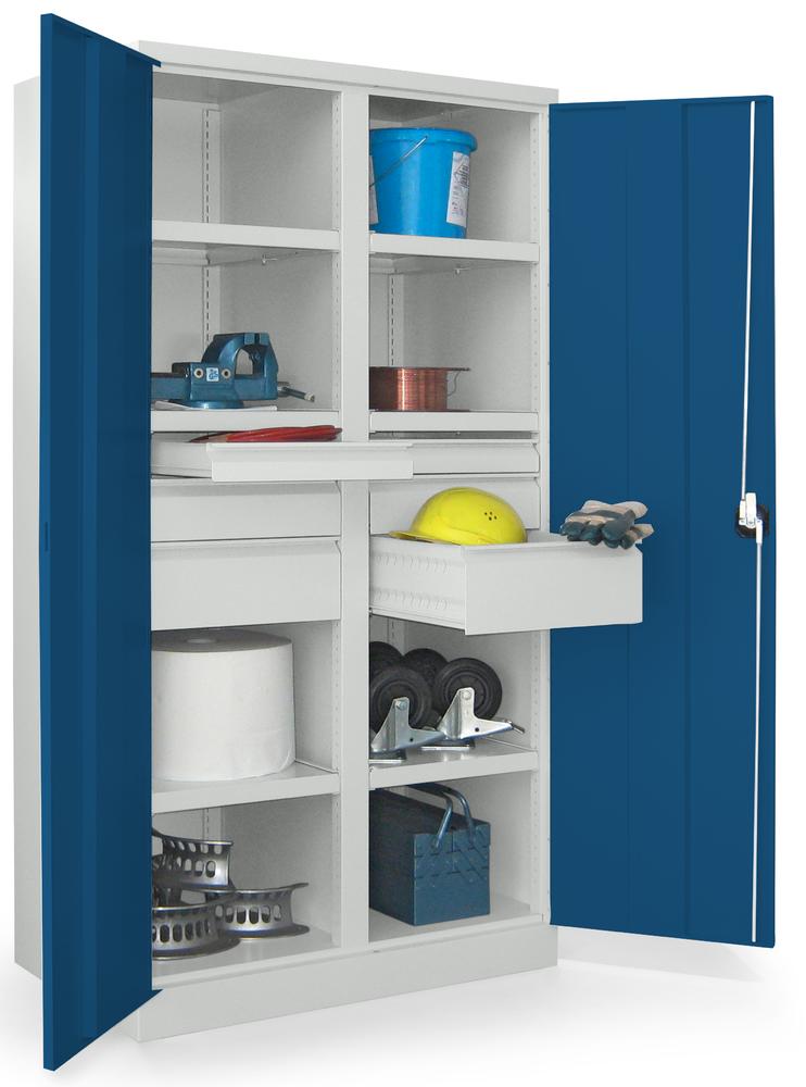 Schwerlastschrank mit Mitteltrennwand | Enzianblau RAL 5010 | 1040 | 6 Schubladen: 2xH75, 2xH125, 2xH175 mm